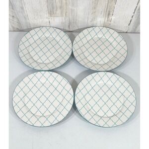 Baum Moroccan 10.75" Dinner Plates Set of 4 Teal White Quatrefoil Trellis